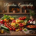 Capa do e-book de Receitas Especiais com ingredientes frescos e coloridos